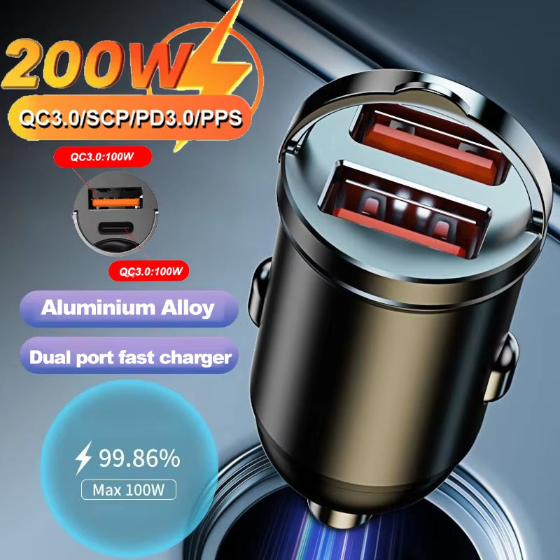 Car 100-200W Dual Port Mini USB Charger Ultra Fast Charging Cigarette Lighter Socket 12-24V Aluminum Cell Phone Charging Adapter