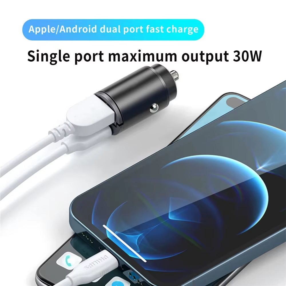 Car 100-200W Dual Port Mini USB Charger Ultra Fast Charging Cigarette Lighter Socket 12-24V Aluminum Cell Phone Charging Adapter